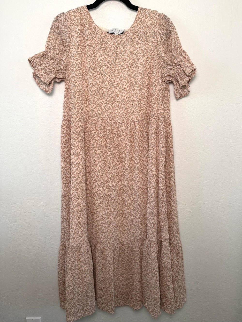 Hayden Cream Floral Midi Dress | Ruffle Short Sleeve Tiered Skirt Size S Prairie